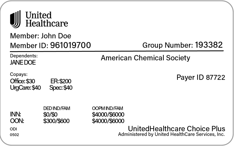 American Chemical Society United Healthcare Insurance Card