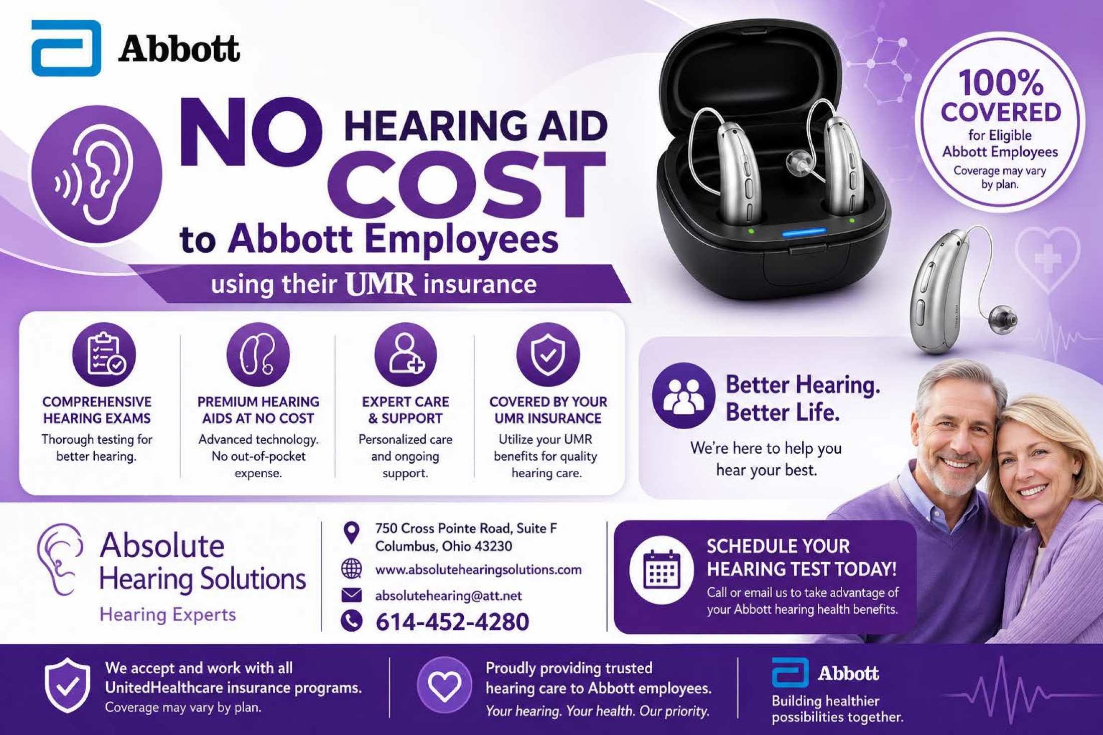 Abbott Laboratories employee hearing aid coverage with eligible UMR insurance benefits showing no hearing aid cost through Absolute Hearing Solutions in Gahanna, Columbus, and Central Ohio.