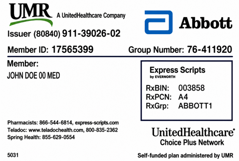 Sample UMR insurance card for Abbott Laboratories employees illustrating hearing aid coverage verification through Absolute Hearing Solutions in Gahanna and Columbus, Ohio.