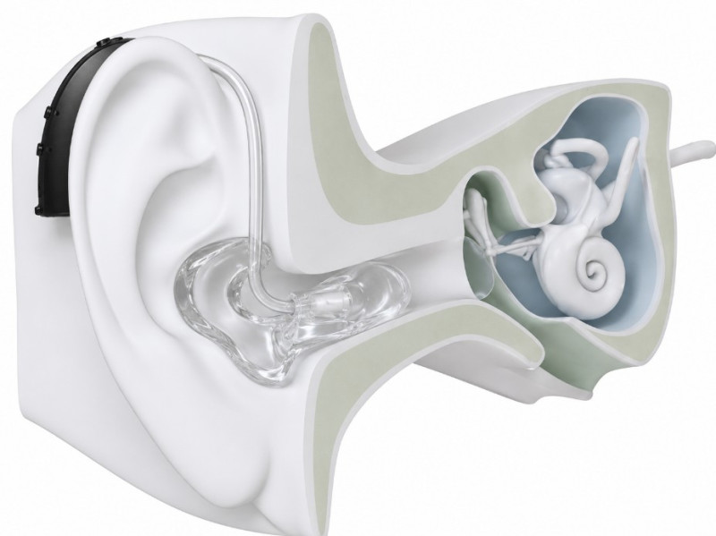 BTE hearing aid connected from behind the ear to the ear canal with tubing or receiver