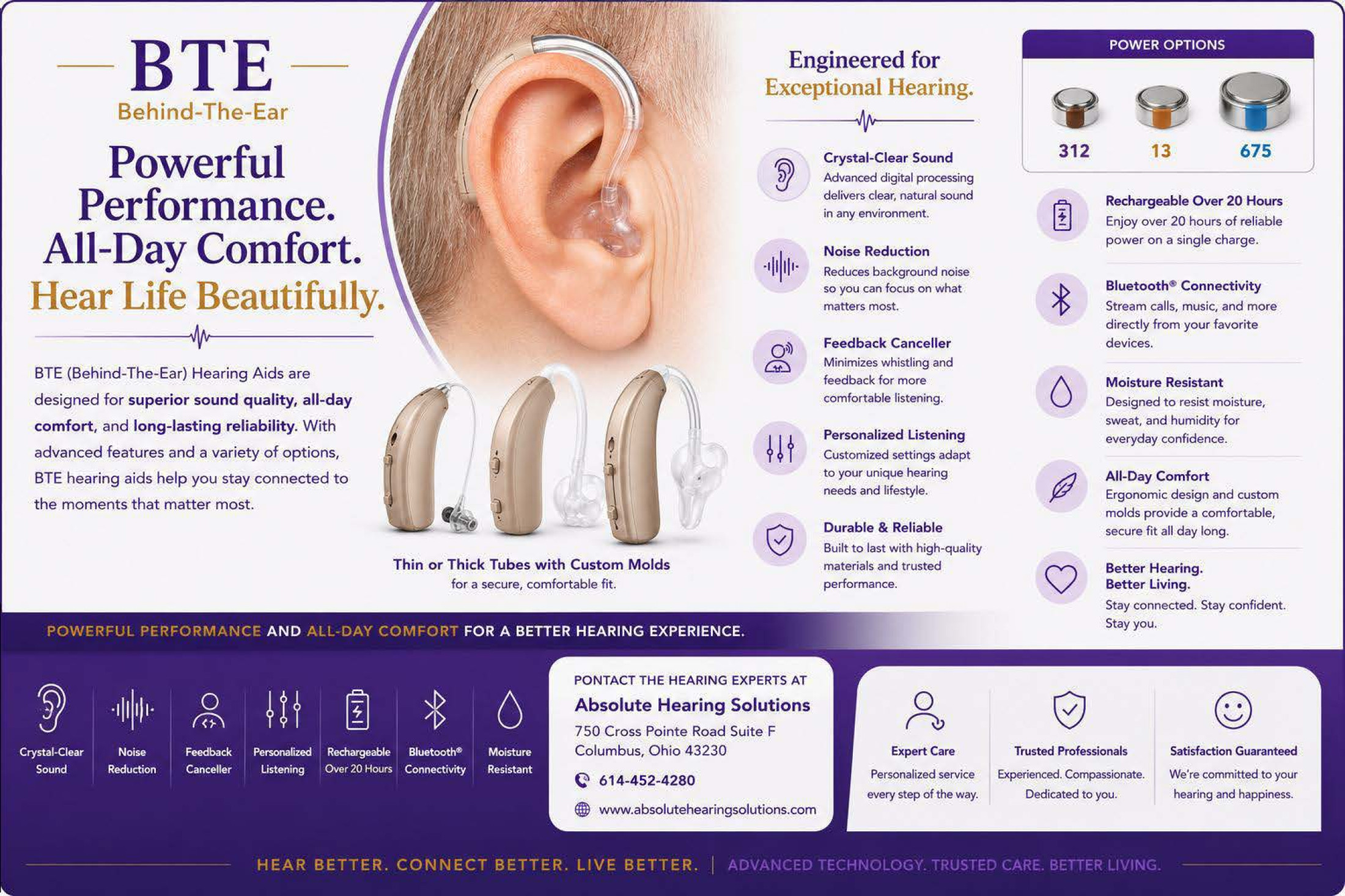 BTE (Behind-The-Ear) hearing aid providing powerful amplification, advanced hearing technology, and hearing loss treatment from Absolute Hearing Solutions in Gahanna and Columbus, Ohio.