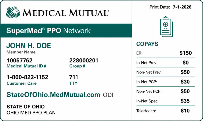 Sample Medical Mutual insurance card for State of Ohio employees showing hearing aid coverage verification through Absolute Hearing Solutions in Gahanna and Columbus, Ohio.
